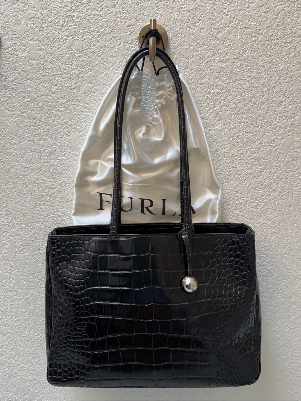 Furla Black Croc-Embossed Patent Leather Tote